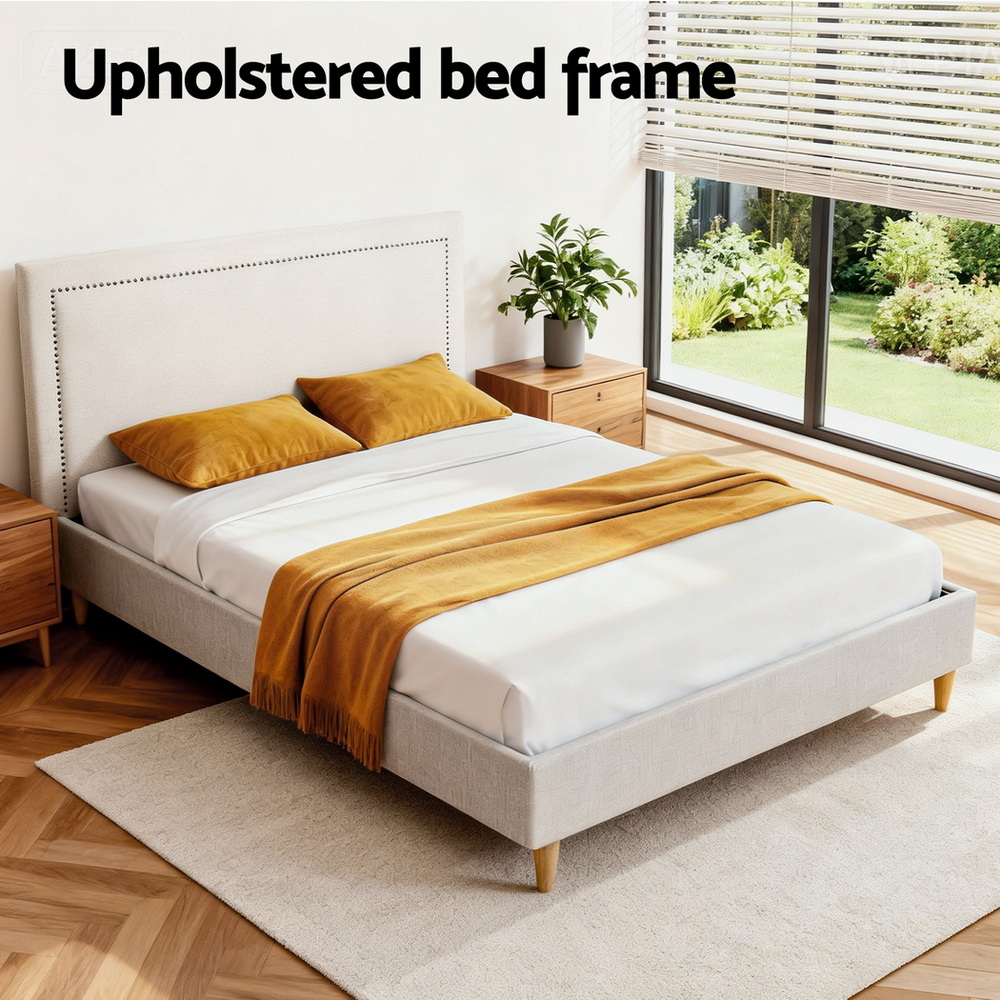 Artiss Queen Bed Frame | Upholstered Linen Beige – Wonder Shop Queen Bed Frame