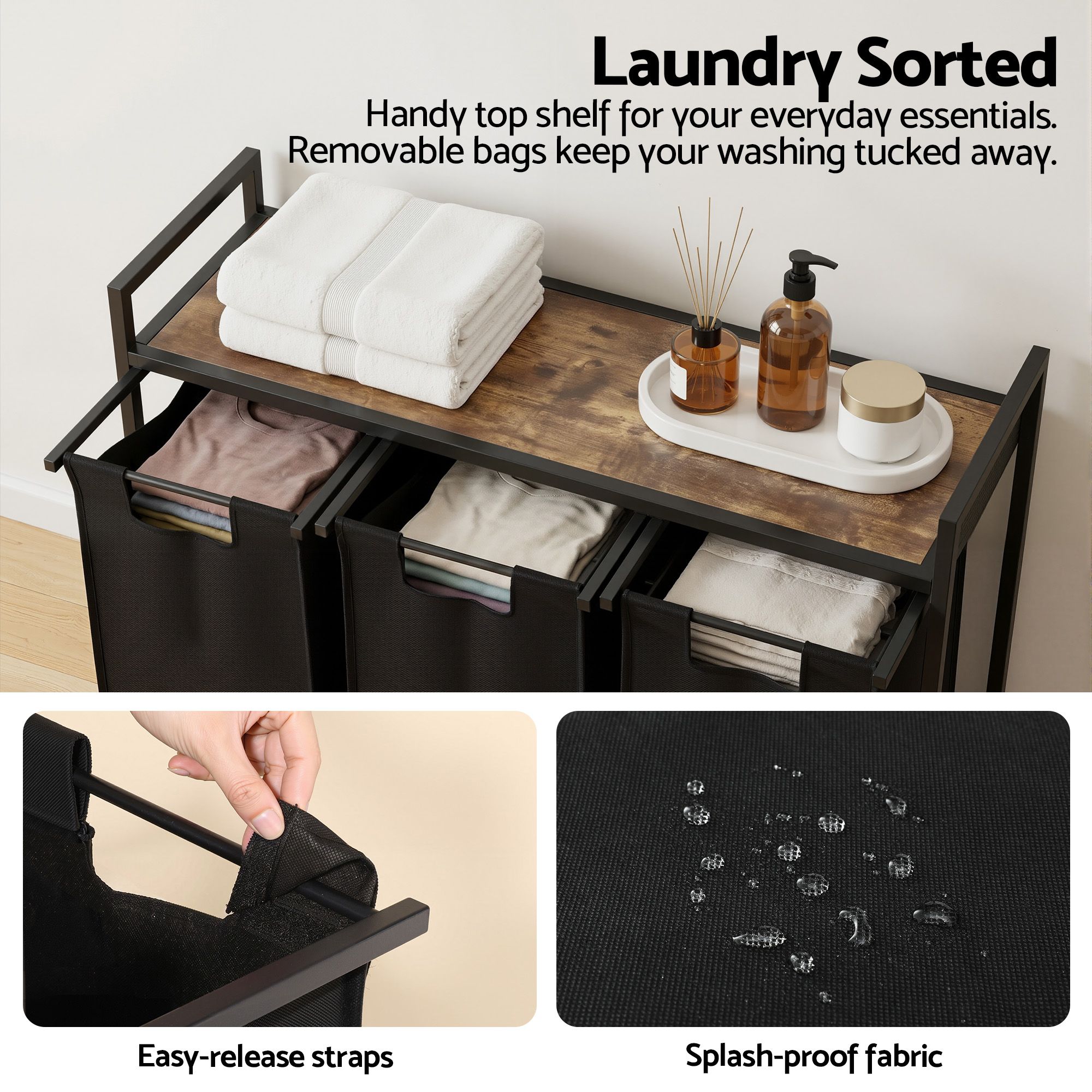 Artiss Laundry Basket With 3 Pull-Out Bags Metal Frame Black – Wonder Shop Artiss Laundry Basket With 3 Pull-Out Bags Metal Frame Black - Image 7
