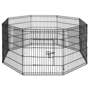 i.Pet 8 panel dog playpen configured in an octagon shape on backyard lawn grass