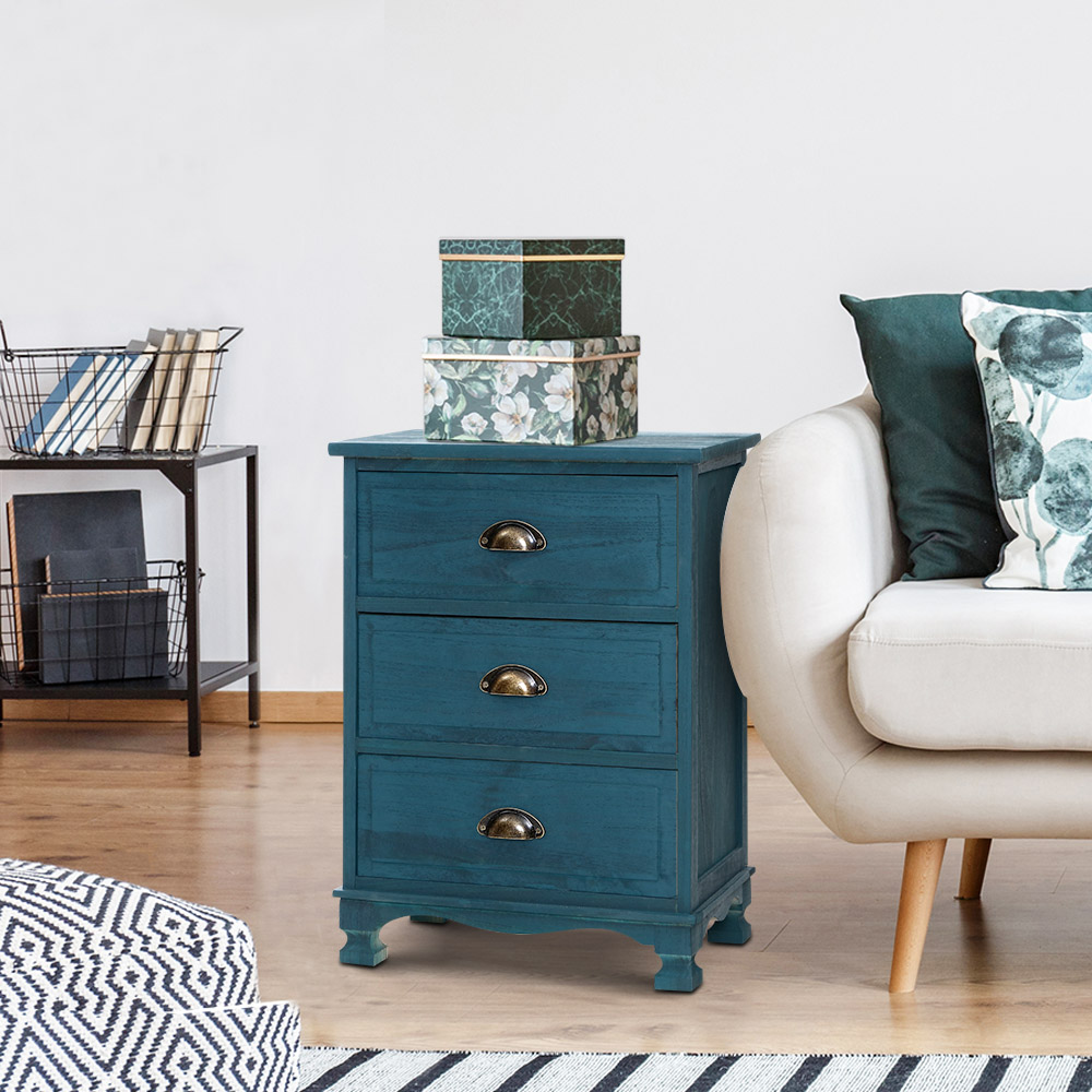 Artiss Vintage Bedside Table - 3 Drawers, Thyme Blue – Wonder Shop Vintage Bedside Table