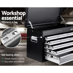 Open Drawers And Top Lid Tray Of A Grey Giantz Tool Box Revealing Protective Liners.