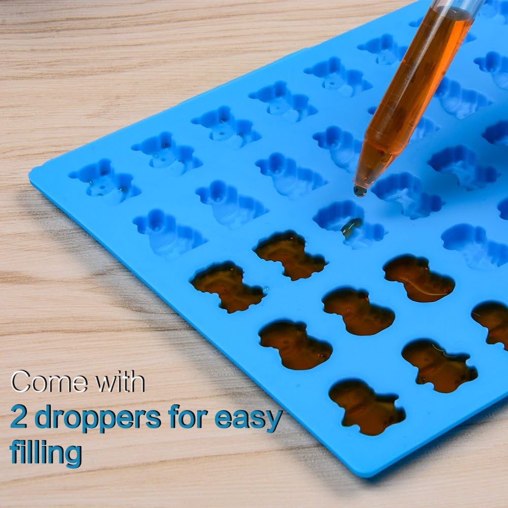 Silicone Candy Gummy Bear Molds Animal Tray 4 Pack – Wonder Shop Using A Plastic Dropper Pipette To Fill Liquid Gelatin Into A Blue Silicone Candy Gummy Bear Mold