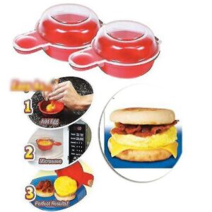 Red and clear microwave egg cooker with a perfectly cooked round poached egg inside, ready in 1 minute.